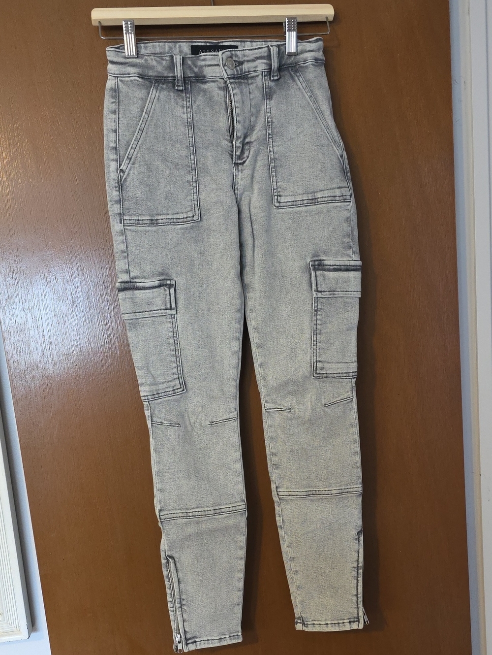 All Saints Skinny Stretch Cargo Jeans in Washed Gray